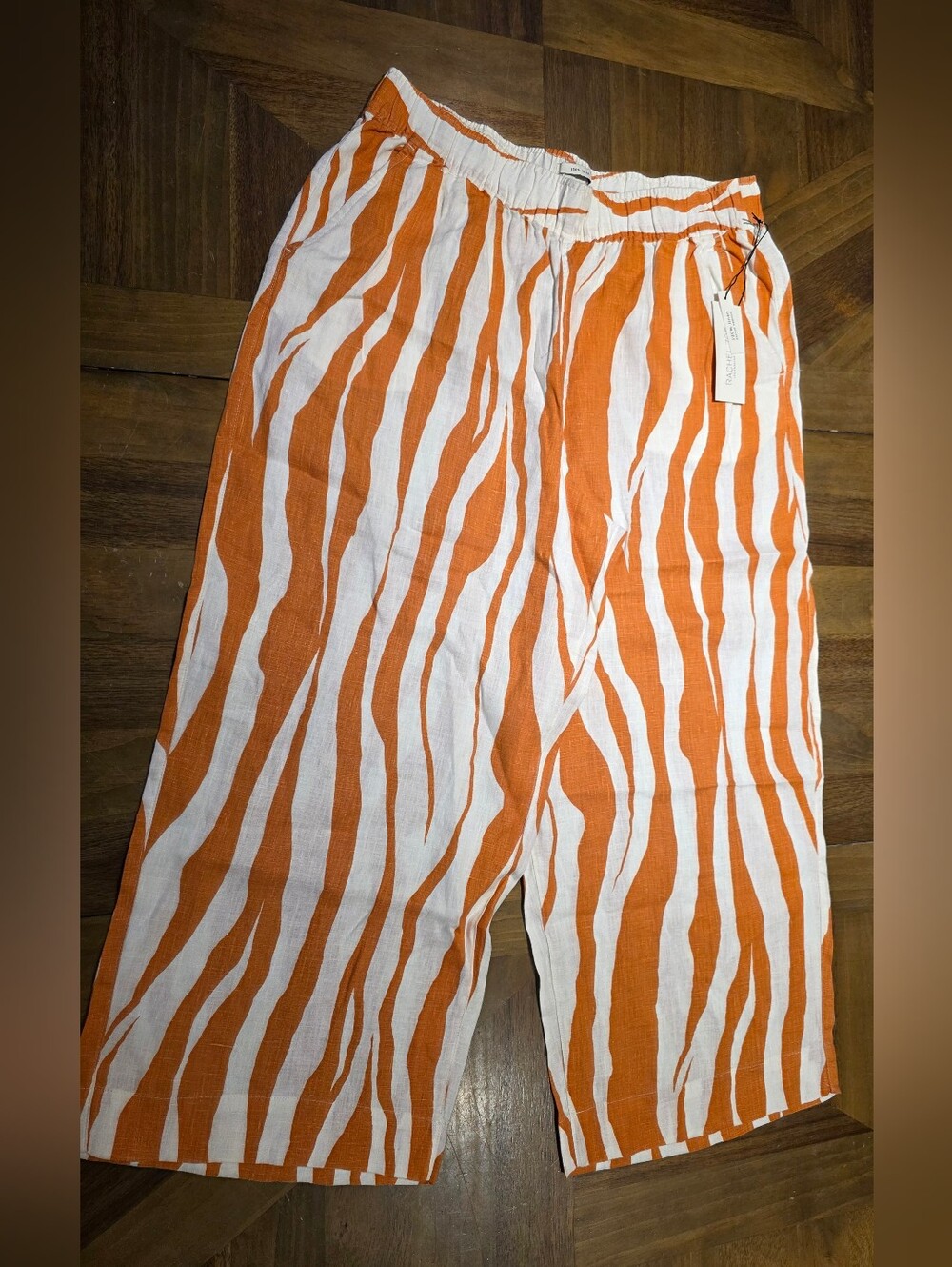Rachel Zoe Wide Leg Boho Cropped Linen Blend Pants Orange and Cream XL
